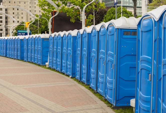 a row of portable restrooms set up for a special event, providing guests with a comfortable and sanitary option in Castle Rock, MN